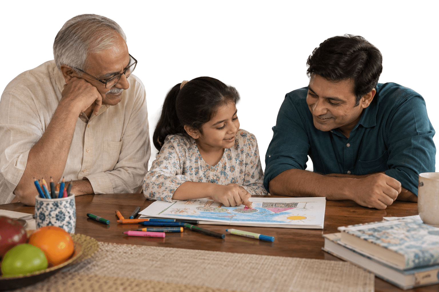 A grandfather, father and daughter colouring together at the table