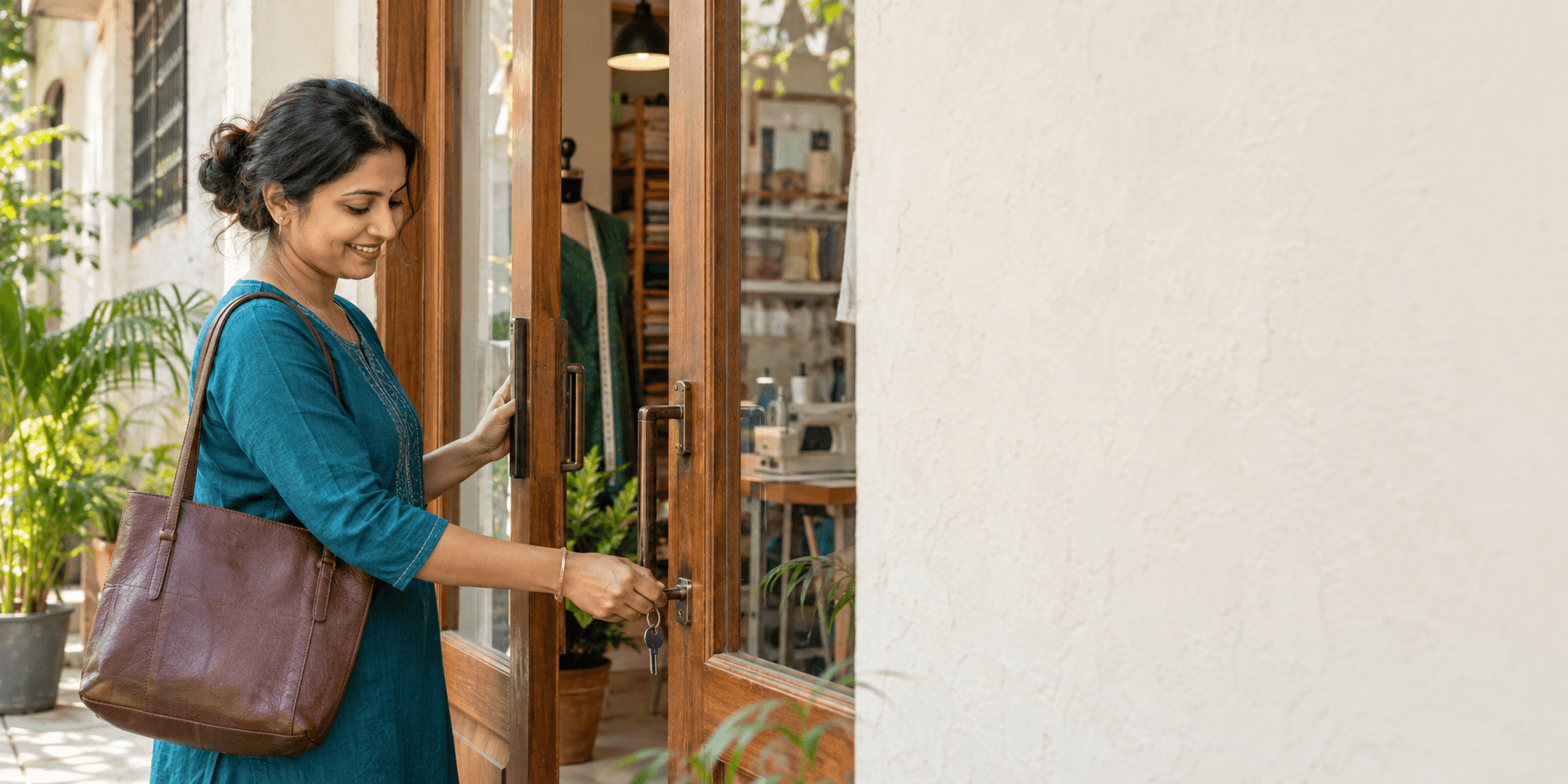 A woman with a shoulder bag opening a wooden door, ready for the day