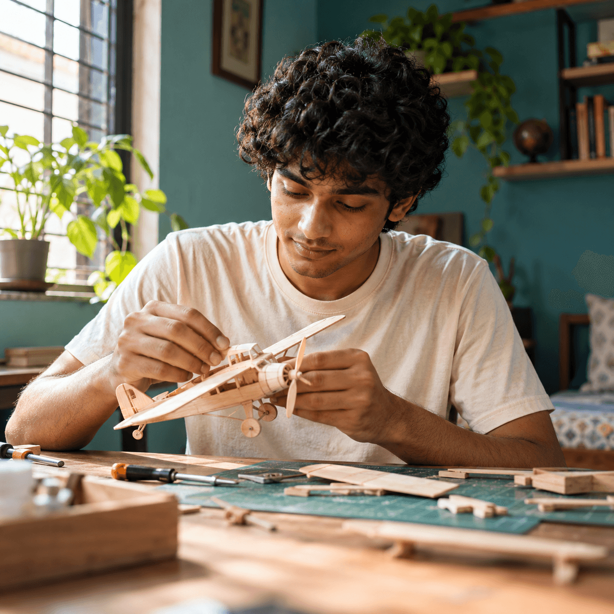 A young maker working at a table
